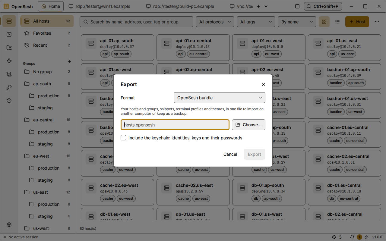 The Export dialog in the high-contrast theme, over the Hosts view.