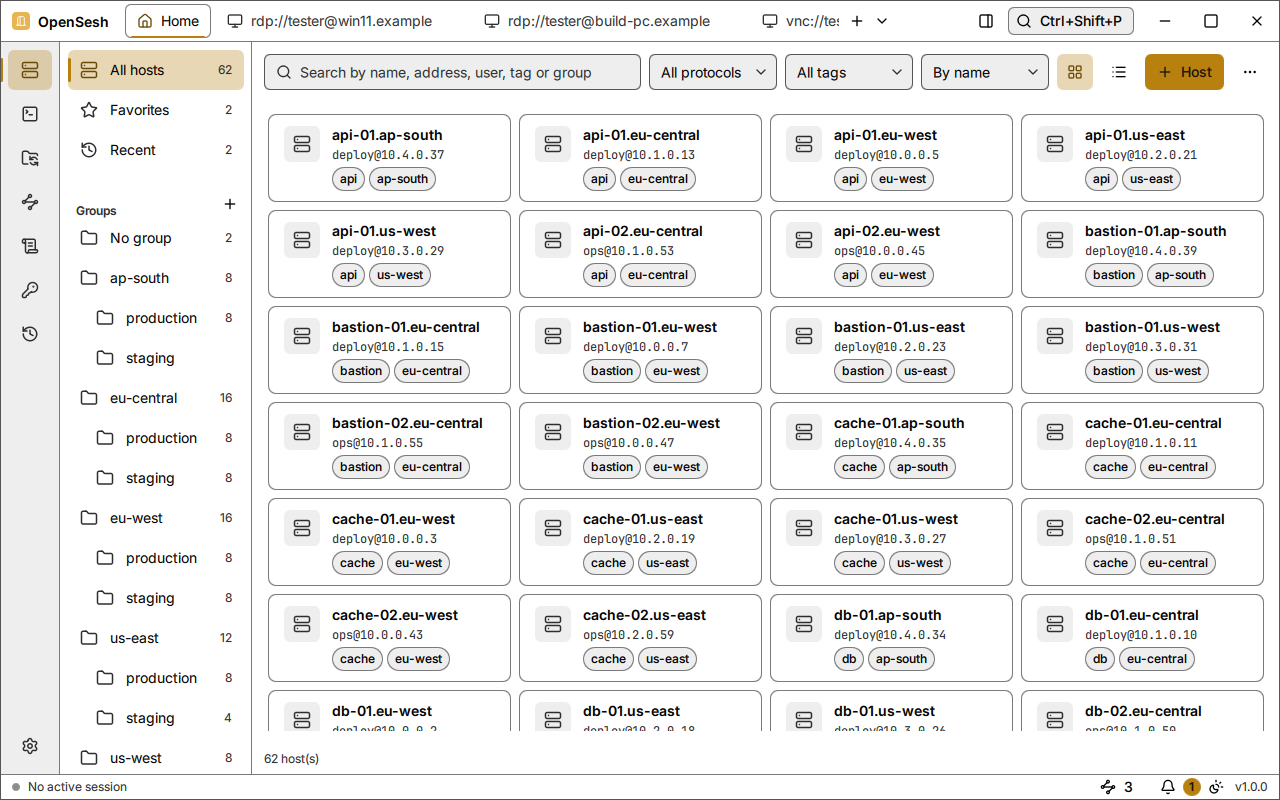 The Hosts view in the high-contrast theme, with stronger text and a clear outline around every host card.