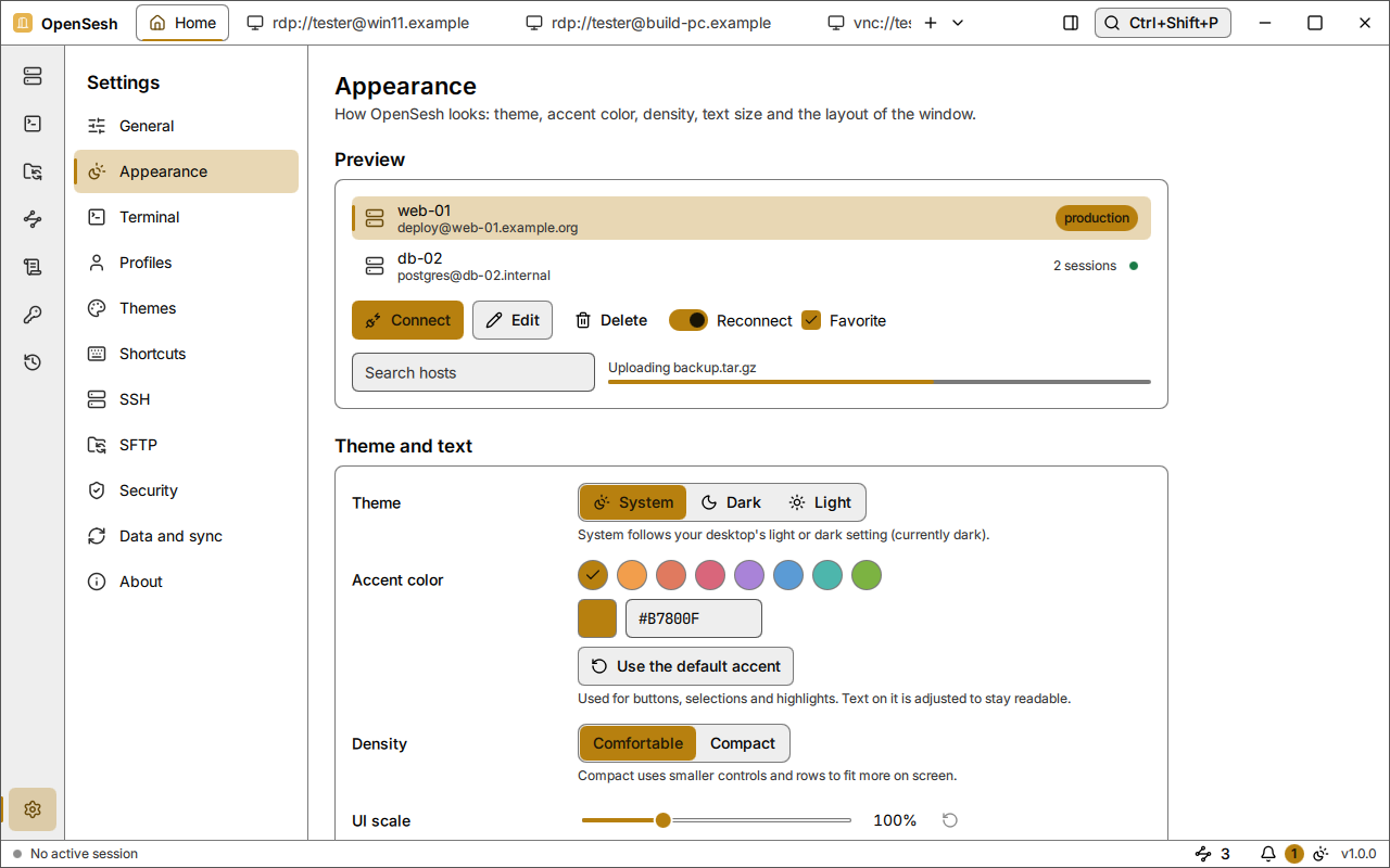 Settings, Appearance page in the high-contrast theme: the preview, the theme, the accent color, the density and the UI scale.