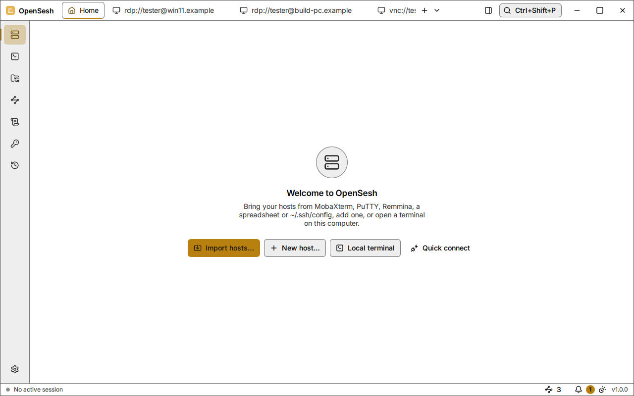 The welcome on first start in the high-contrast theme: Welcome to OpenSesh, with the buttons Import hosts, New host, Local terminal and Quick connect.