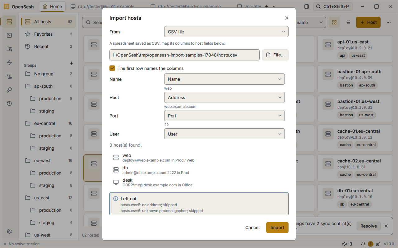The Import hosts dialog reading a CSV file whose first row names the columns, mapped to name, host, port and user. It found 3 hosts, and lists 2 rows left out with the reason.