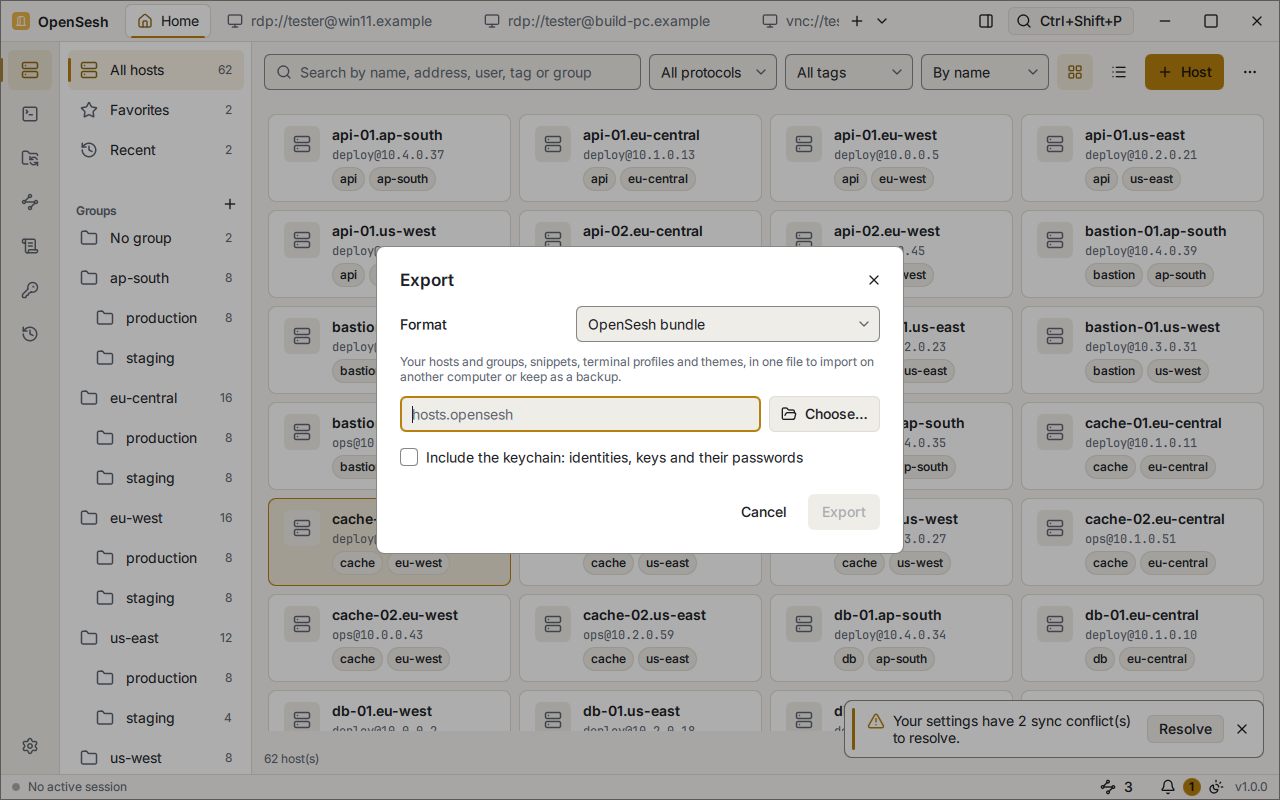 The Export dialog: the OpenSesh bundle format, which holds hosts and groups, snippets, terminal profiles and themes in one file, a file name, and a checkbox to include the keychain.