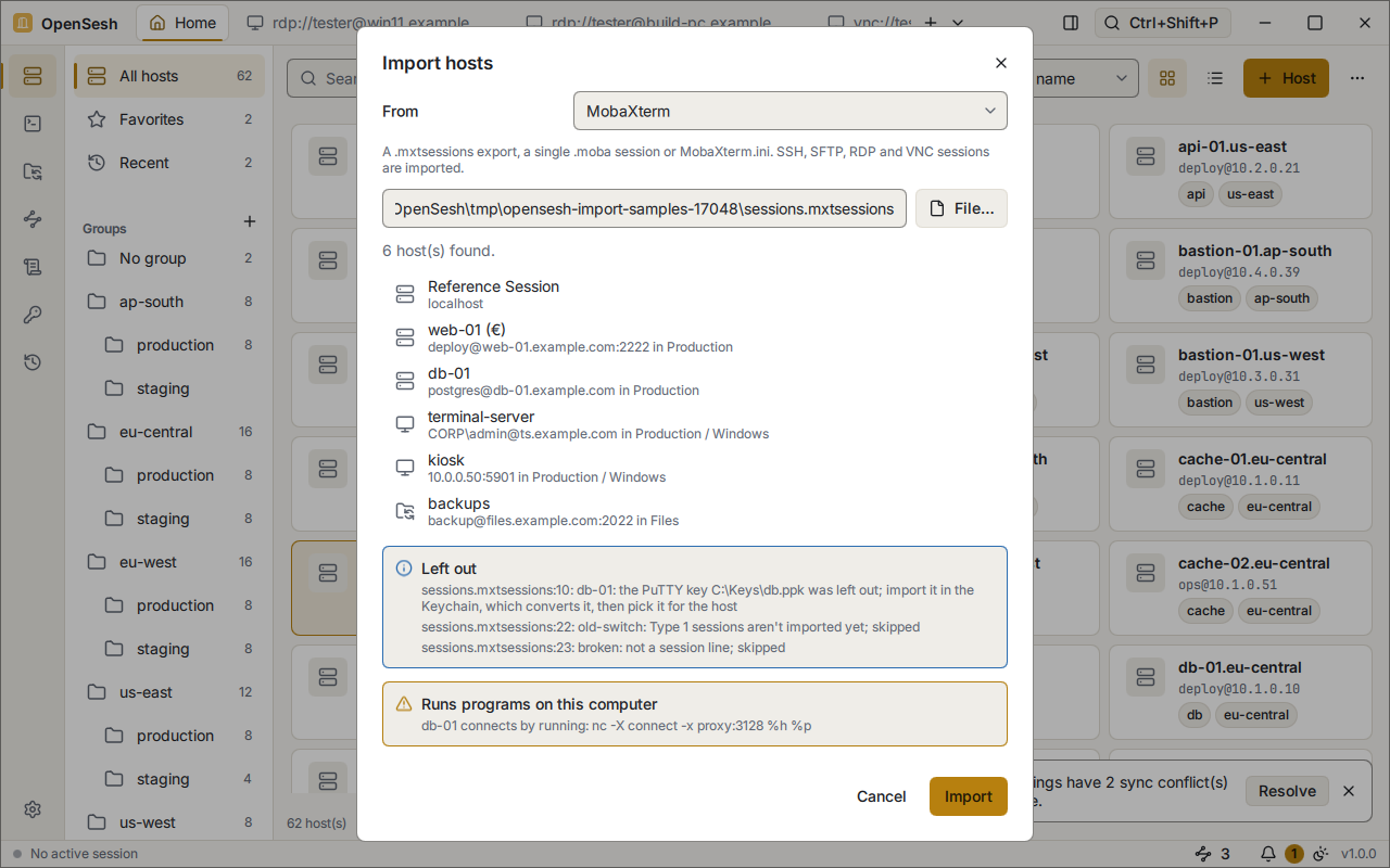 The Import hosts dialog reading a MobaXterm sessions file: 6 hosts found, among them SSH, RDP, VNC and SFTP sessions. A Left out box lists three things it didn't import and why, and a warning says one host runs a program on this computer: a proxy command.