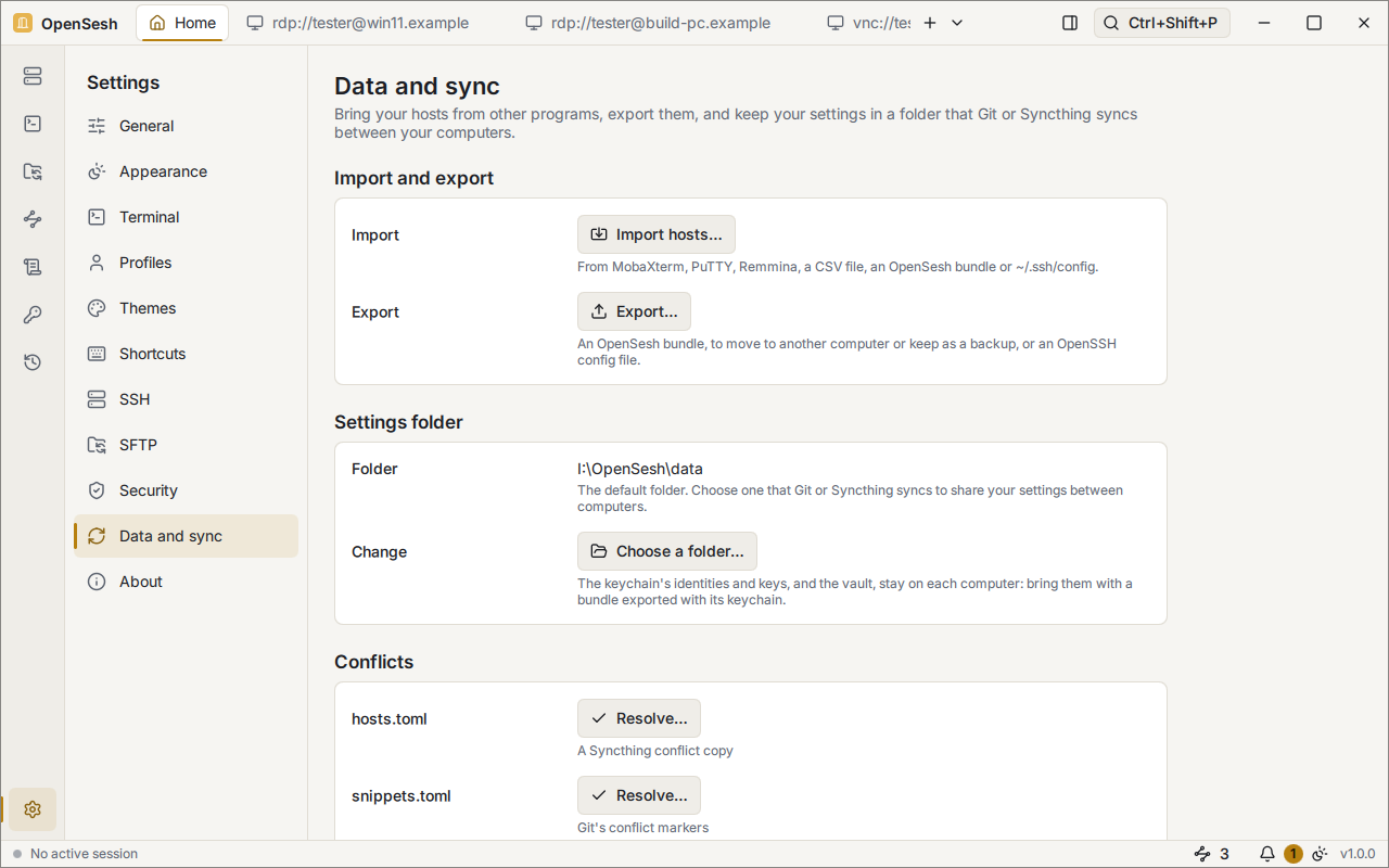 Settings, Data and sync page: Import and Export buttons, the settings folder with a button to choose one that Git or Syncthing syncs, and two sync conflicts to resolve: a Syncthing conflict copy and Git's conflict markers.