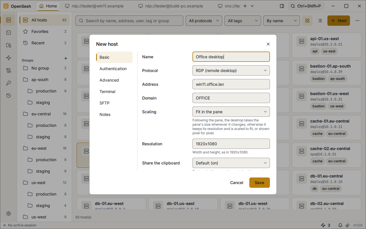 The New host dialog for an RDP host, Office desktop: the address win11.office.lan, the domain OFFICE, scaling set to fit in the pane, a resolution of 1920x1080, and clipboard sharing on.