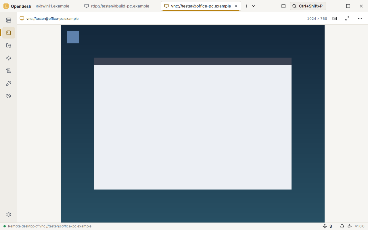 A remote desktop over VNC in a tab, vnc://tester@office-pc.example, 1024 by 768 and fitted in the pane. It shows the test server's simple pattern: a blue background with an empty window, not a real desktop.