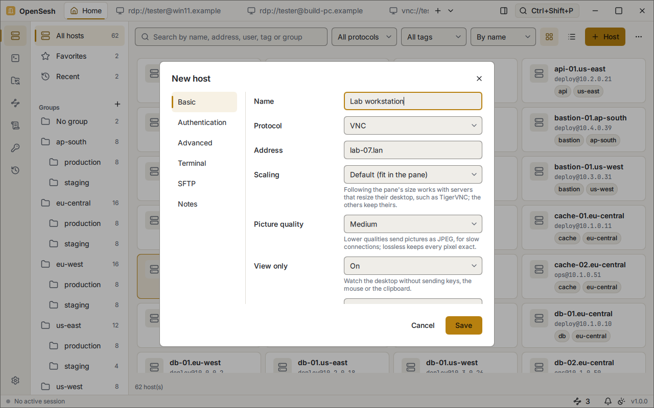 The New host dialog for a VNC host, Lab workstation: the address lab-07.lan, scaling, a medium picture quality, and view only on, which watches the desktop without sending keys, the mouse or the clipboard.