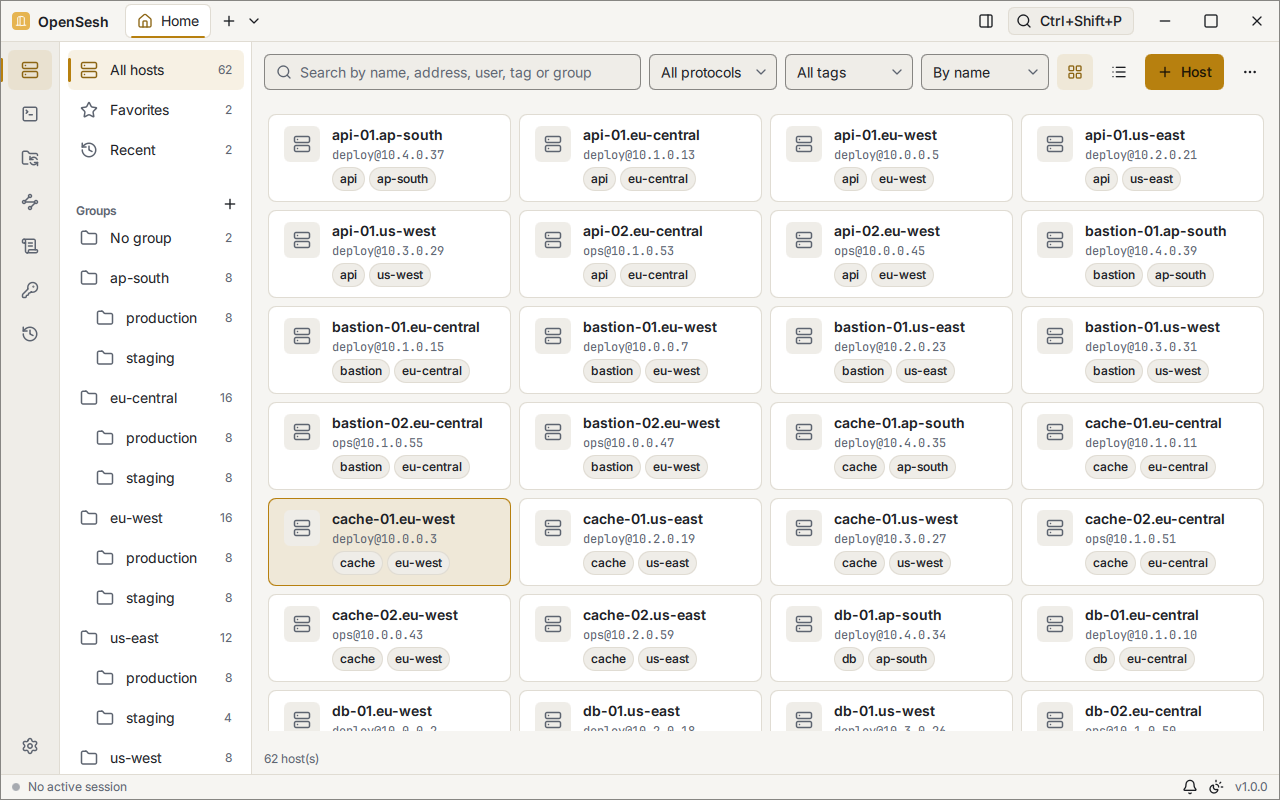 The Hosts view: 62 saved hosts shown as cards with their user, address and tags, a search box and filters, and a sidebar with favorites, recent hosts and nested groups such as eu-west, production.