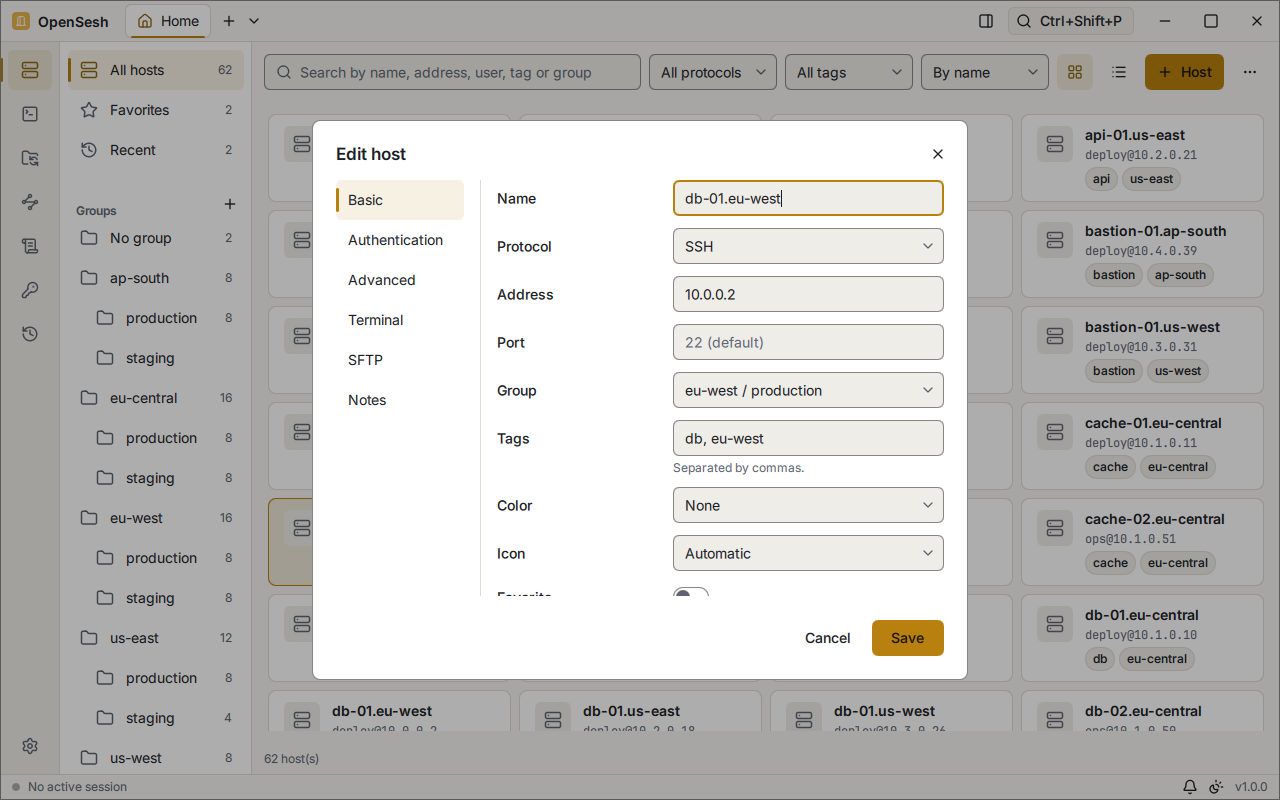 The Edit host dialog for db-01.eu-west: name, protocol SSH, address 10.0.0.2, the default port 22, group eu-west / production, tags, color and icon. Tabs on the left lead to authentication, advanced, terminal, SFTP and notes.