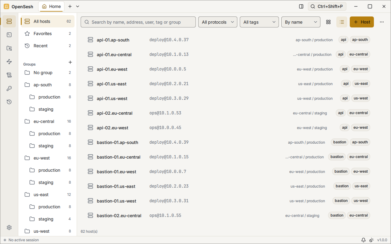 The same saved hosts as a list. Each row has the host's name, user and address, its group and its tags.