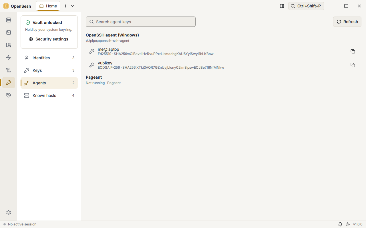 The Keychain's Agents page: two keys held by the Windows OpenSSH agent, and Pageant, marked as not running.