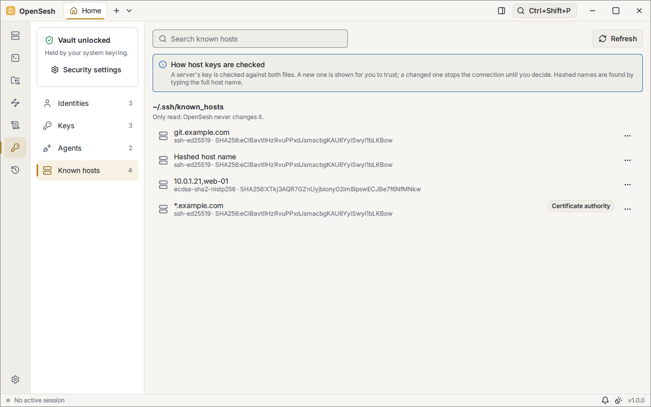 The Keychain's Known hosts page: the entries of ~/.ssh/known_hosts, which OpenSesh only reads, including a hashed host name and a certificate authority for *.example.com, under a note on how host keys are checked.