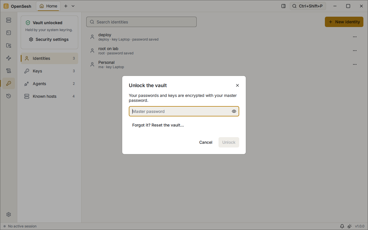 The Unlock the vault dialog: it asks for the master password, with a link to reset the vault if the password is forgotten.