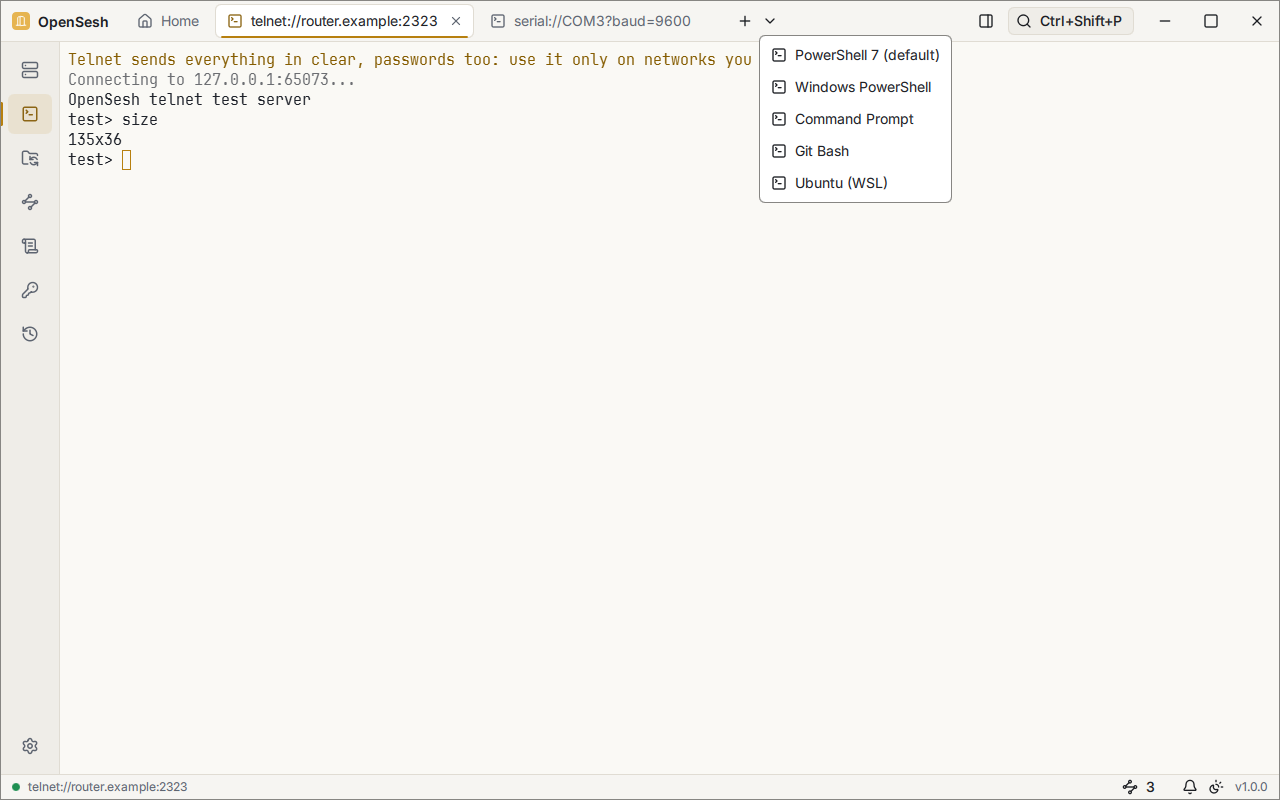 The menu of the new tab button, open over a telnet session. It lists this computer's shells: PowerShell 7 (the default), Windows PowerShell, Command Prompt, Git Bash and Ubuntu (WSL).