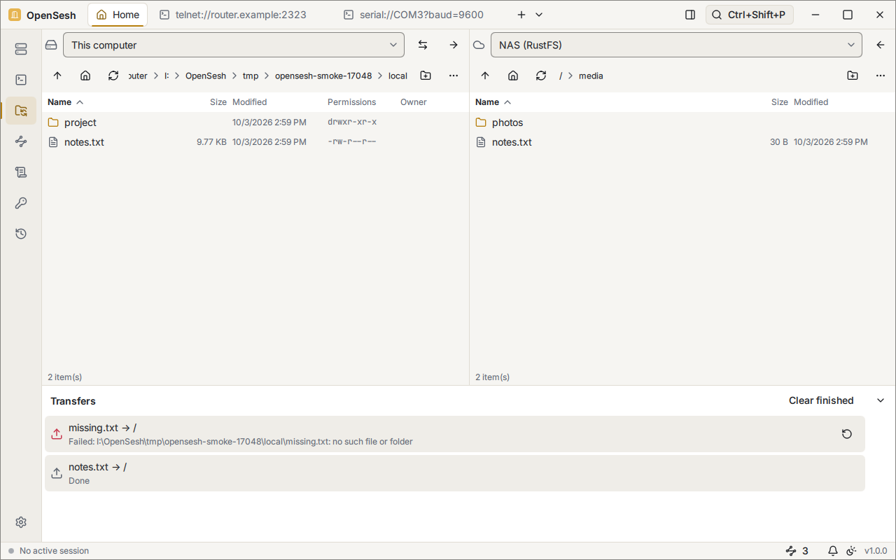 The files view with this computer on the left and an S3 storage host, NAS (RustFS), on the right, open at its media bucket with a photos folder and a notes.txt file. The transfer queue is below.