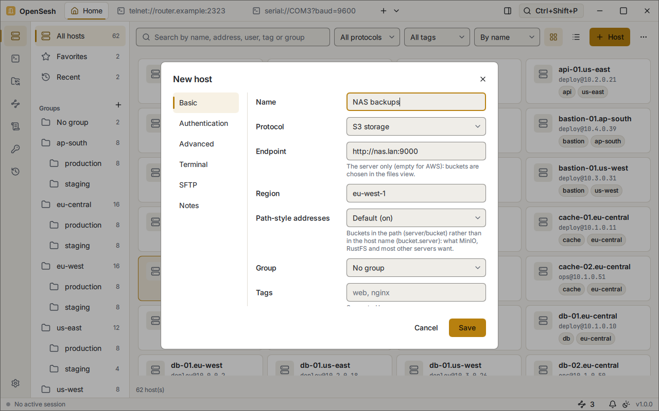 The New host dialog for an S3 storage host called NAS backups: the endpoint http://nas.lan:9000, the region eu-west-1 and path-style addresses, with a note that MinIO, RustFS and most other servers want them.