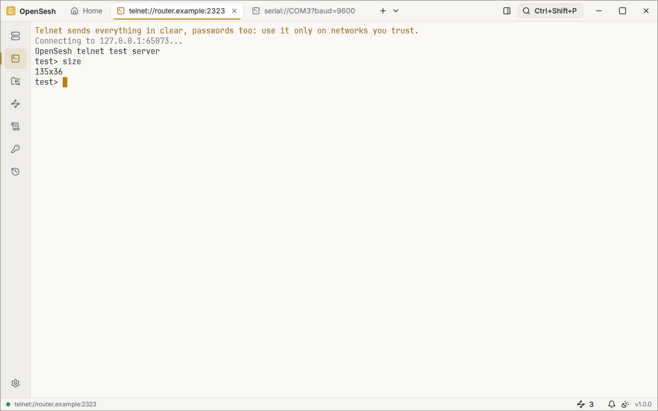 A telnet session to router.example:2323. A yellow line at the top warns that telnet sends everything in clear, passwords too, and to use it only on networks you trust.