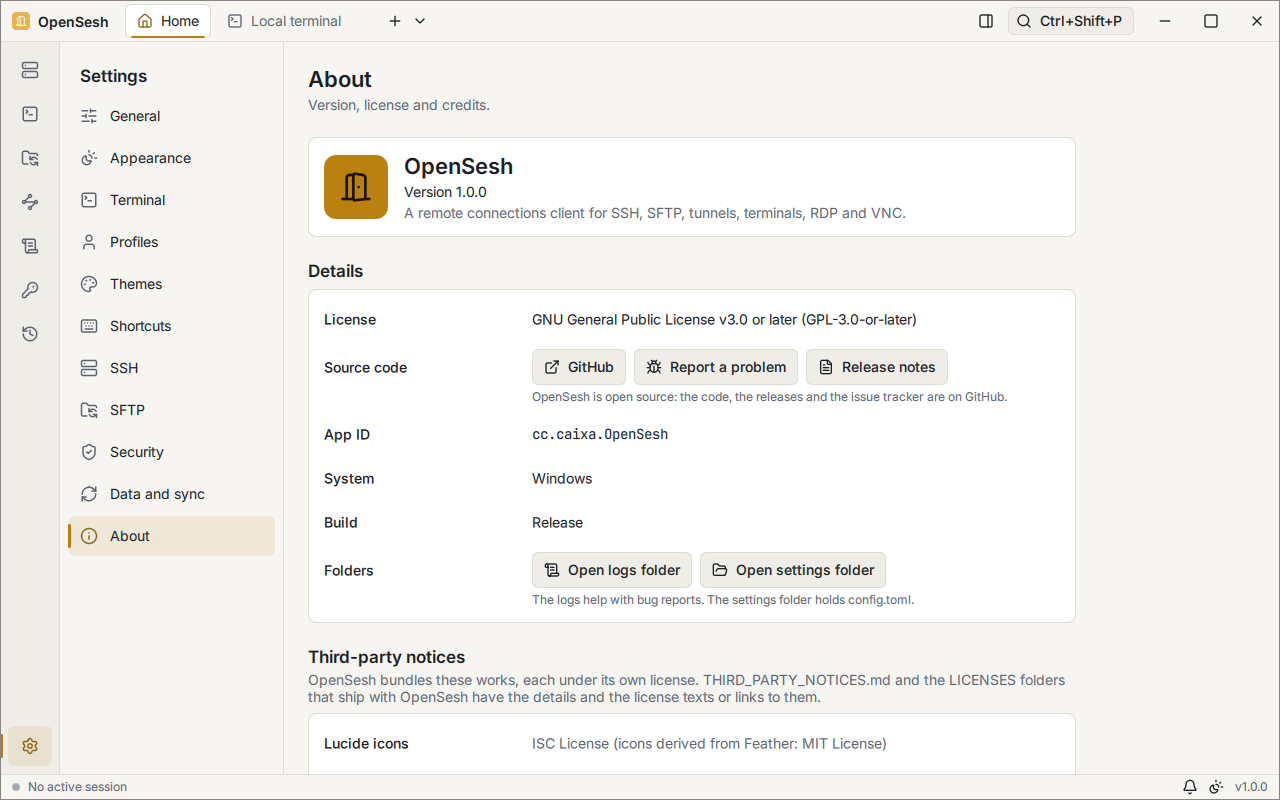 Settings, About page: OpenSesh version 1.0.0, the GPL-3.0-or-later license, buttons for GitHub, reporting a problem and the release notes, the app ID, system and build, and the start of the third-party notices.