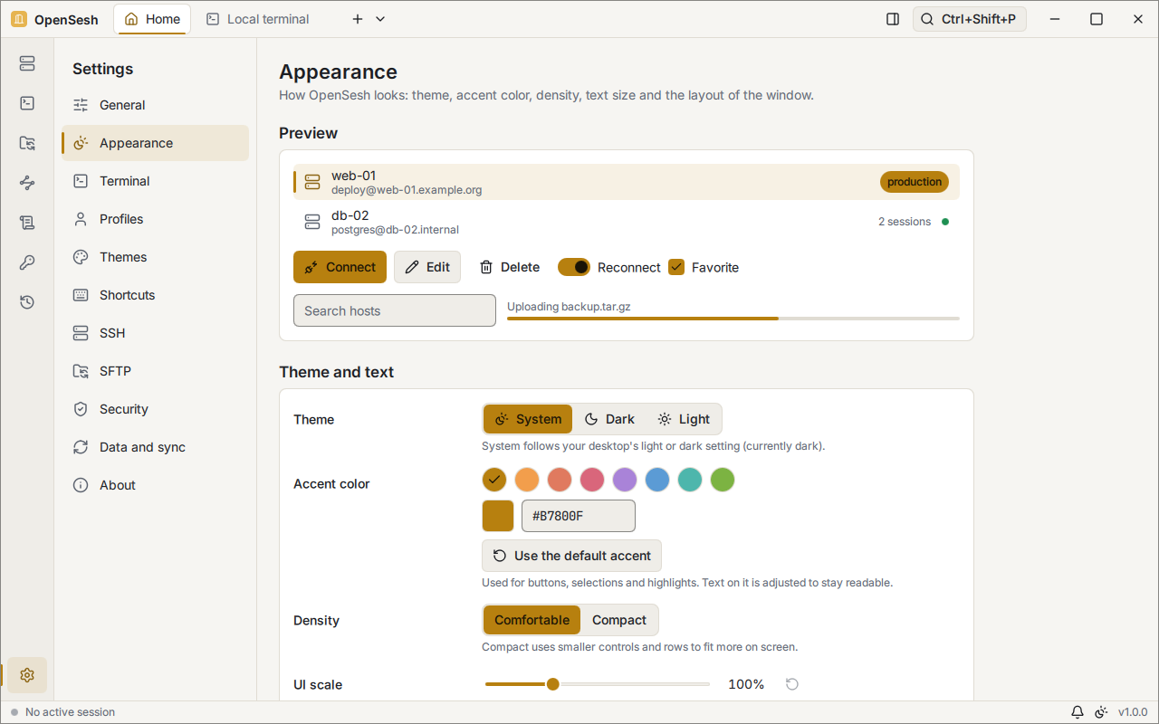 Settings, Appearance page: a live preview, the theme (System, Dark or Light), accent color swatches with the default #E6B450, the density (Comfortable or Compact) and the UI scale.