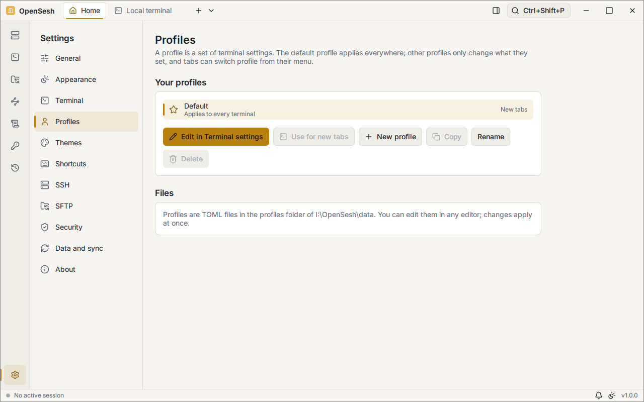 Settings, Profiles page: the Default profile with buttons to edit, add, copy and rename profiles, and a note that profiles are TOML files you can edit in any editor.