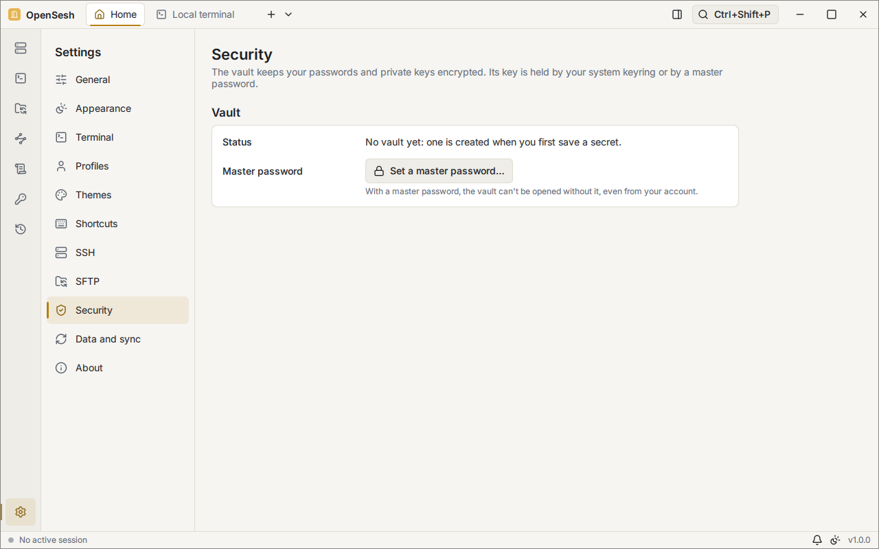 Settings, Security page: the vault's status and a button to set a master password. A note says that with one, the vault can't be opened without it, even from your account.