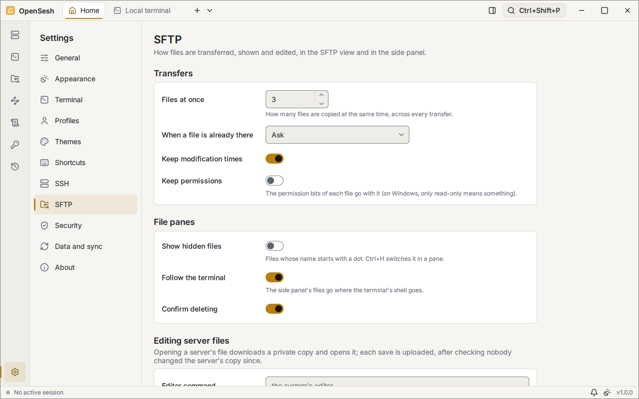 Settings, SFTP page: how many files to copy at once, what to do when a file is already there, keeping modification times and permissions, hidden files, following the terminal and confirming deletes.