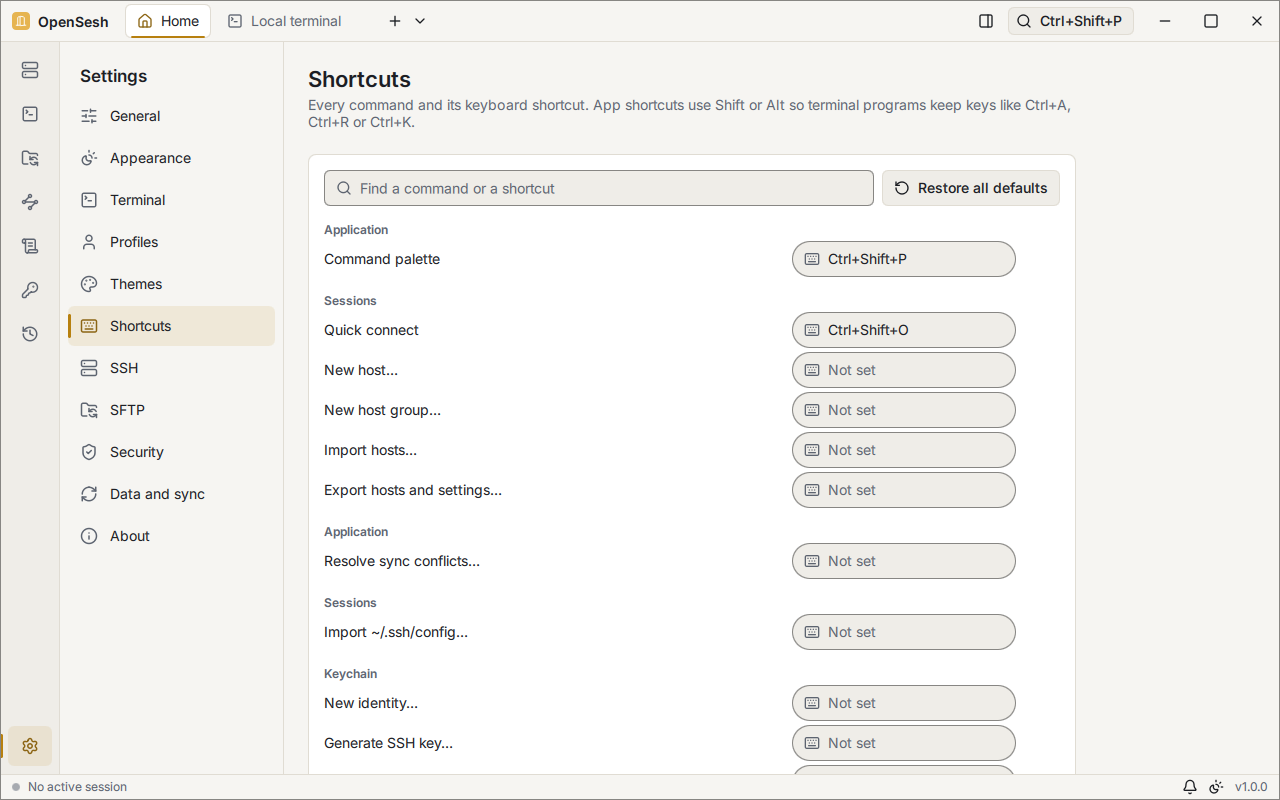 Settings, Shortcuts page: a searchable list of commands and their shortcuts, such as Command palette, Ctrl+Shift+P, and Quick connect, Ctrl+Shift+O, and commands without one yet, such as Import hosts and Resolve sync conflicts.