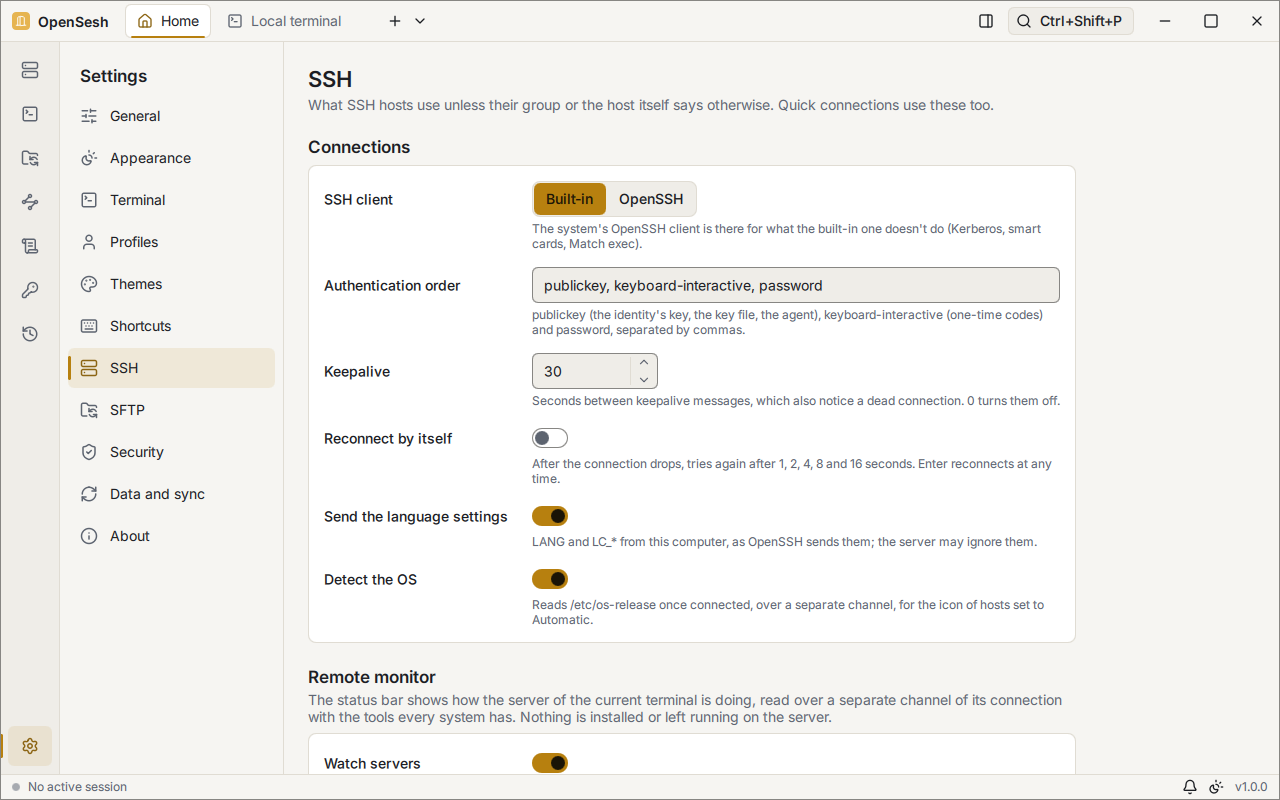 Settings, SSH page: the built-in or the OpenSSH client, the authentication order, keepalive, reconnecting by itself, sending the language settings and detecting the server's OS, and the start of the Remote monitor settings.