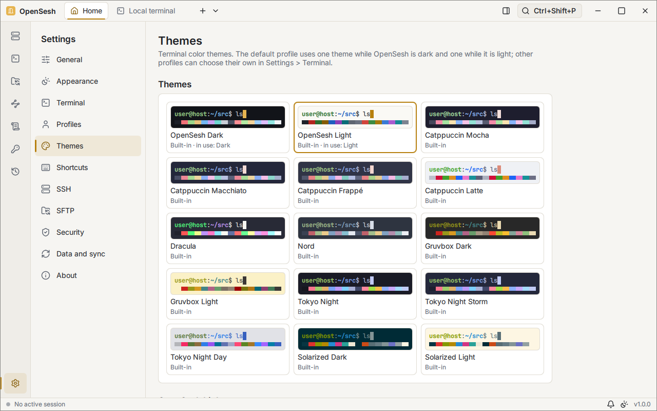 Settings, Themes page: a grid of built-in terminal color themes, each with a small preview: OpenSesh Dark and Light, Catppuccin, Dracula, Nord, Gruvbox, Tokyo Night and Solarized.