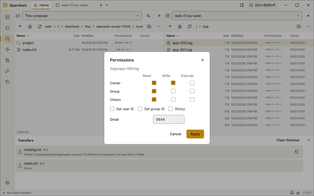 The Permissions dialog for /logs/app-000.log: read, write and execute checkboxes for owner, group and others, the set user ID, set group ID and sticky bits, and the octal value 0644.