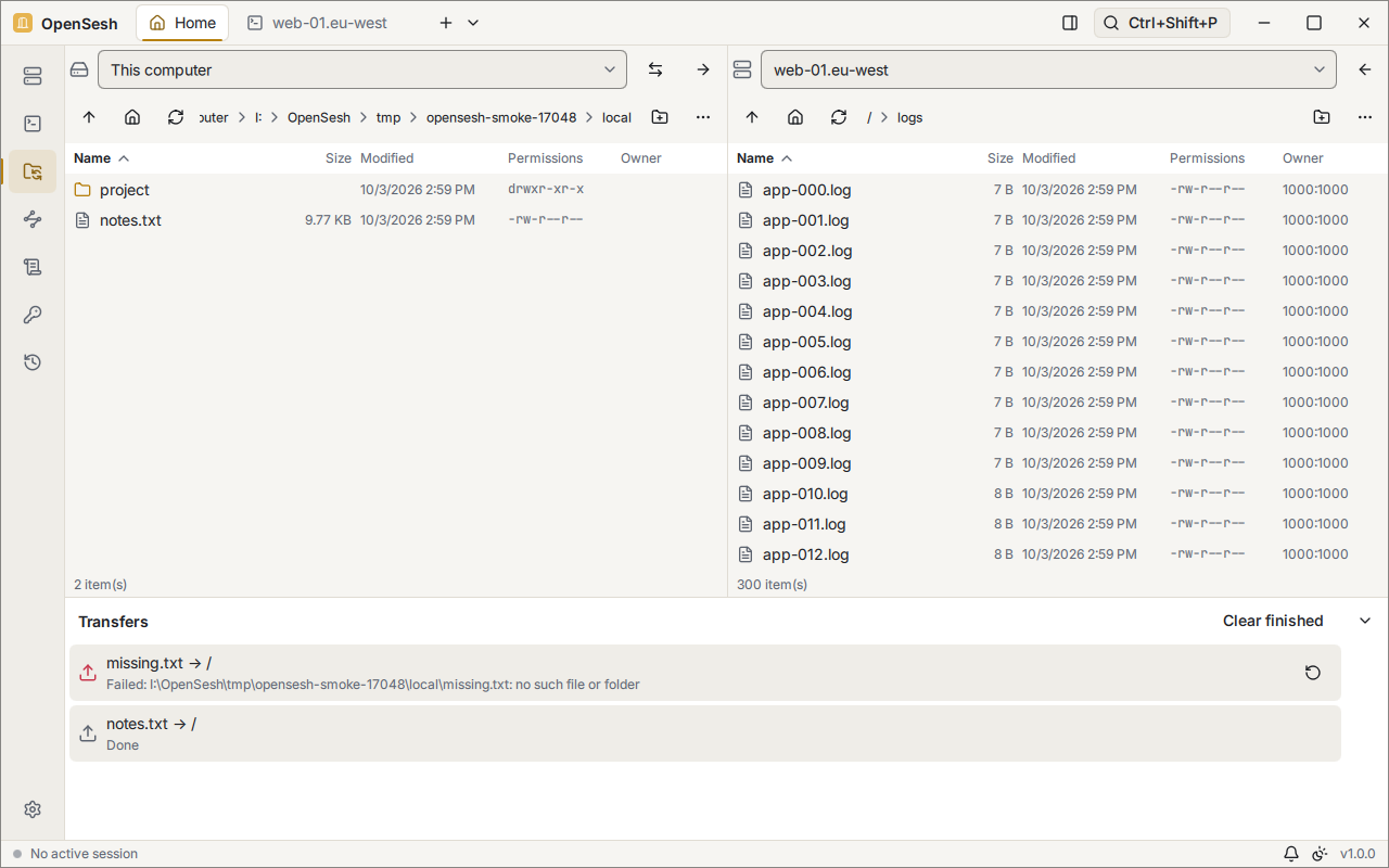 The files view: this computer on the left and the logs folder of web-01.eu-west on the right, with names, sizes, dates, permissions and owners. Below, the transfer queue shows one failed upload with a retry button and one finished upload.