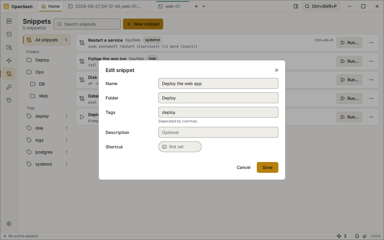The Edit snippet dialog for Deploy the web app: its name, folder Deploy, tag deploy, an optional description, and a shortcut that isn't set.