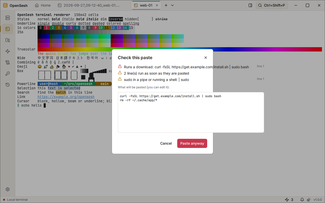 The Check this paste dialog over a terminal. It flags a download piped to sudo bash, two lines that would run as soon as they are pasted, and sudo in a pipe. It shows the text, which can be edited, with Cancel and Paste anyway buttons.