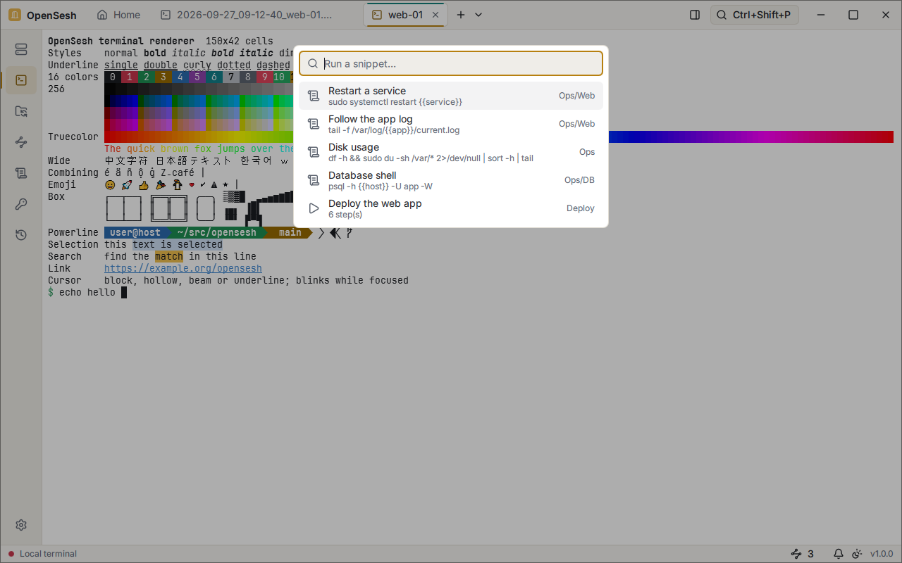 The snippet quick picker open over a terminal, with a Run a snippet search box and five snippets listed with their commands and folders.