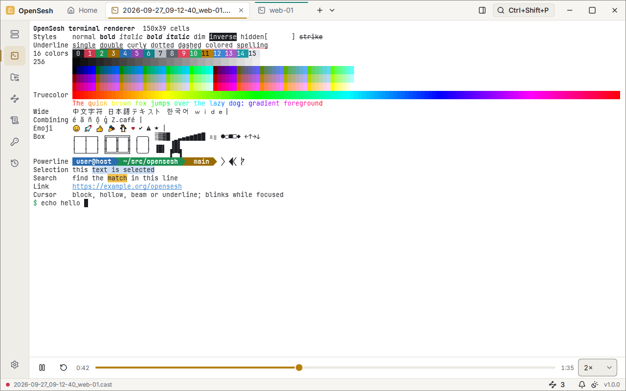A session recording playing in its own tab. A bar at the bottom has pause and restart buttons, a timeline at 0:42 of 1:35, and a speed menu set to 2x.
