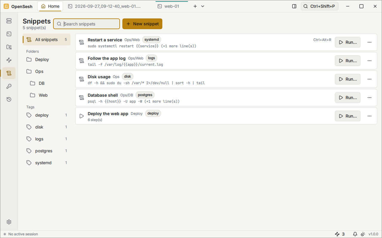 The Snippets view: five snippets in folders and tags, such as Restart a service, which runs sudo systemctl restart {{service}} and has the shortcut Ctrl+Alt+R, and a macro of 6 steps. Each snippet has a Run button.