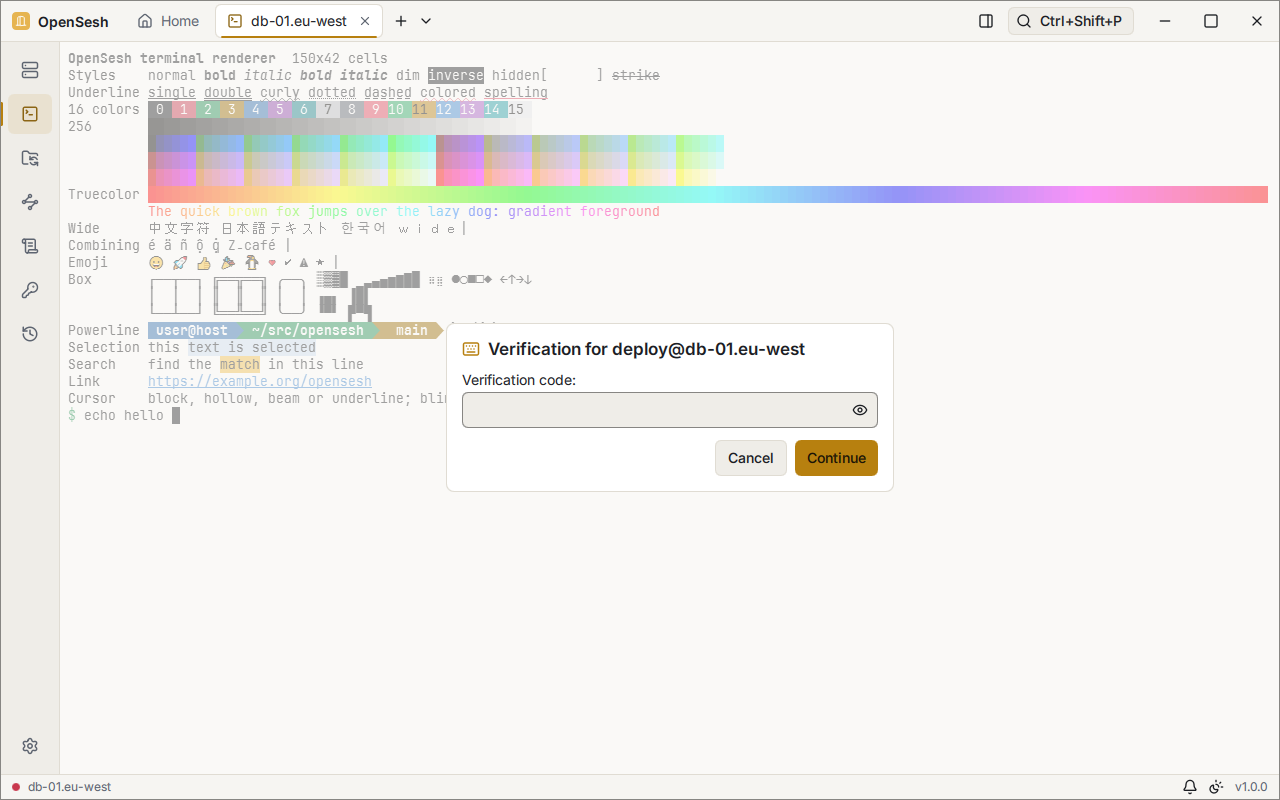 A card inside a terminal pane asks for the verification code for deploy@db-01.eu-west, with Cancel and Continue buttons.