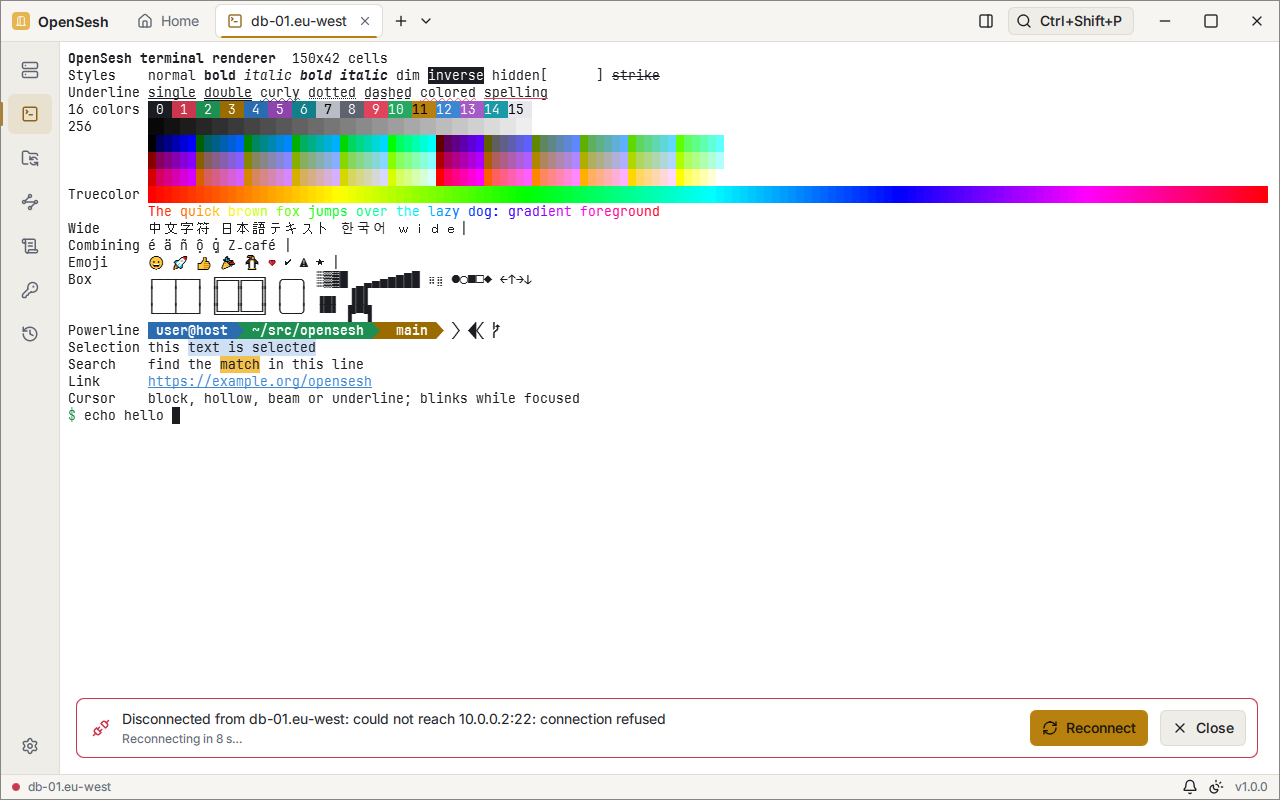 A terminal pane after its connection dropped. A bar at the bottom says the connection to 10.0.0.2:22 was refused and that it will reconnect in 8 seconds, with Reconnect and Close buttons.