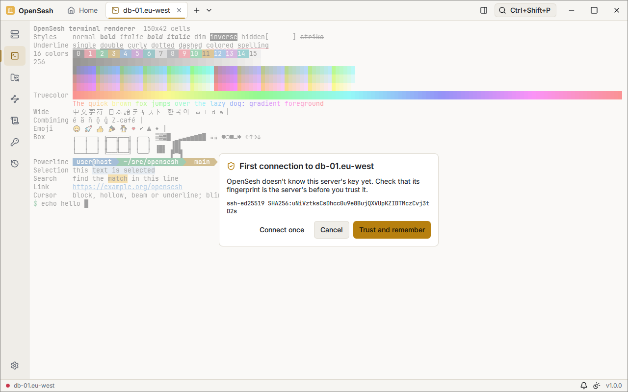 A card inside a terminal pane: First connection to db-01.eu-west. It shows the server's SHA256 key fingerprint and asks to check it, with the buttons Connect once, Cancel, and Trust and remember.