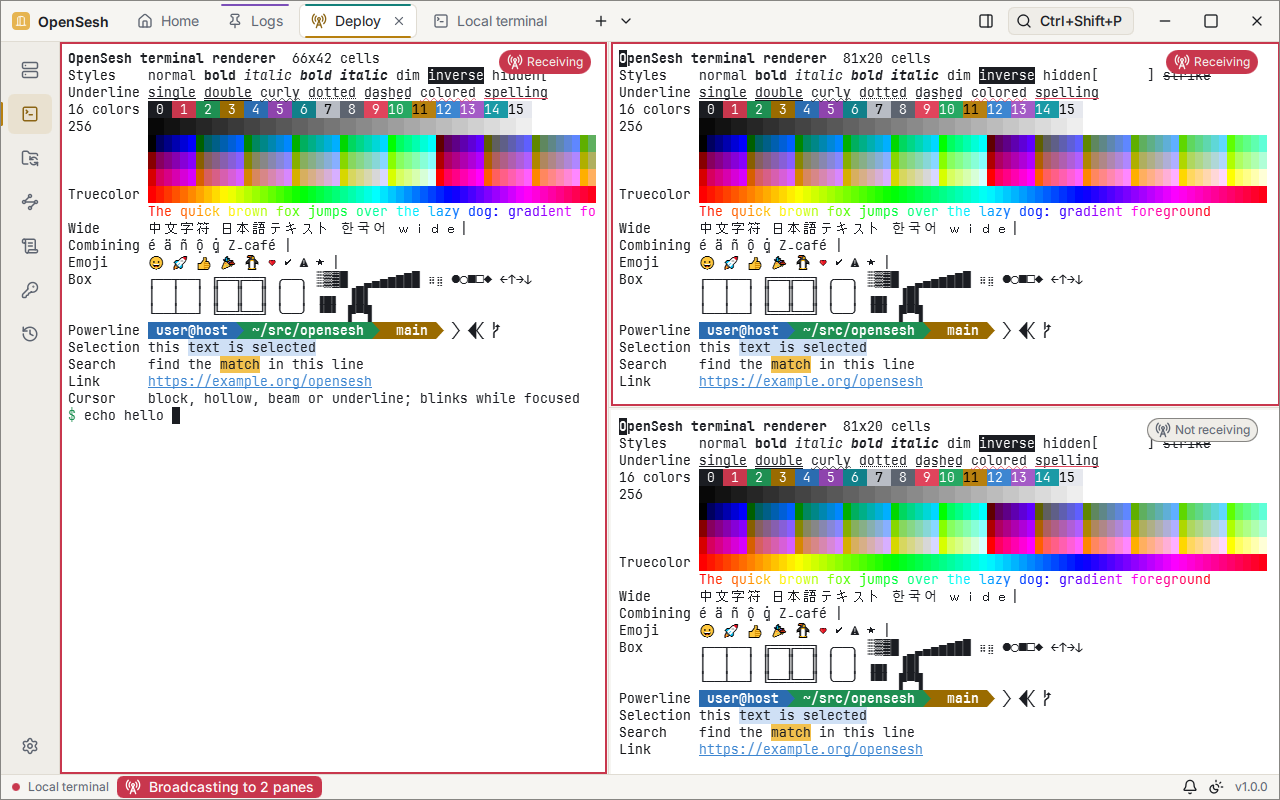 A terminal tab split in three panes. Two panes are outlined in red and marked Receiving, the third is marked Not receiving, and the status bar says Broadcasting to 2 panes.