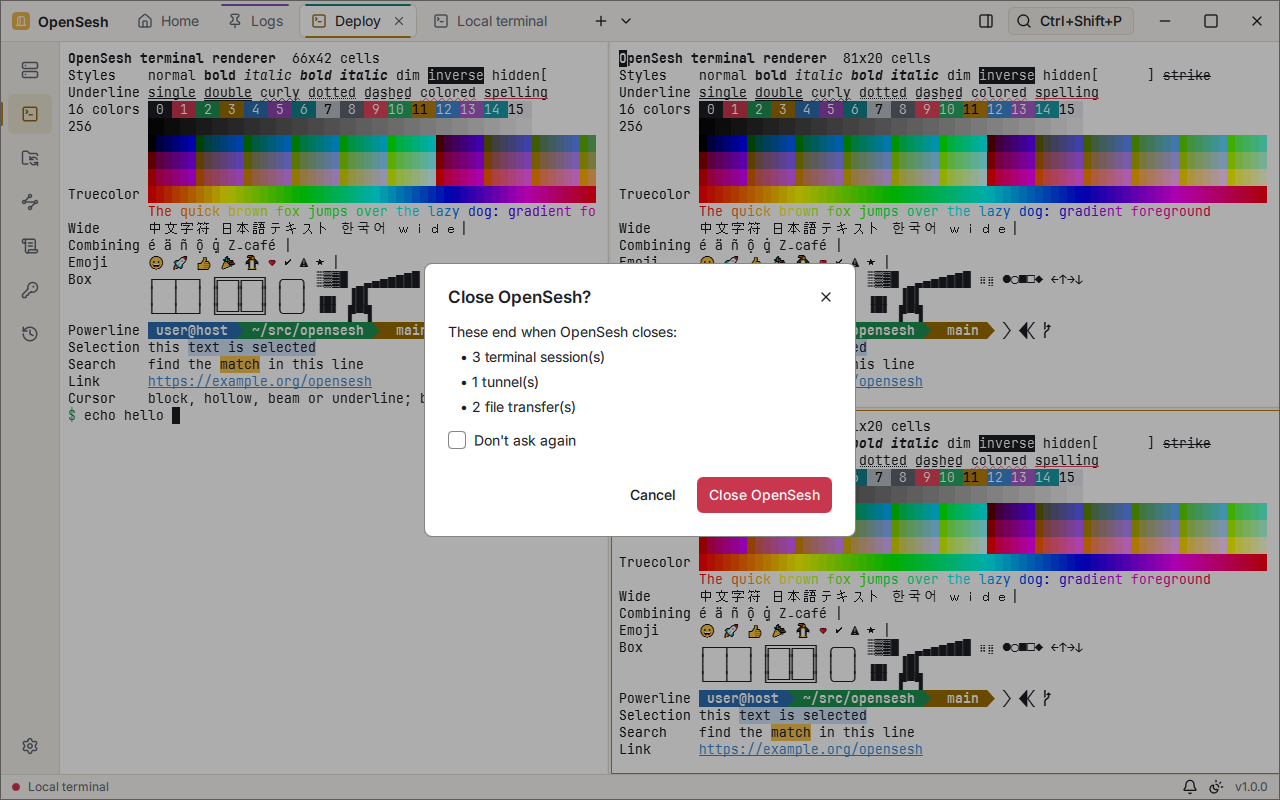 The Close OpenSesh? dialog over a split terminal. It lists what would end: 3 terminal sessions, 1 tunnel and 2 file transfers, with a Don't ask again checkbox and the buttons Cancel and Close OpenSesh.