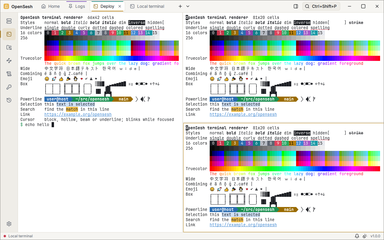The OpenSesh window with a terminal tab split in three panes. Each pane shows a test pattern of text styles, colors, wide characters, emoji and Powerline symbols. The tabs along the top have colored markers.