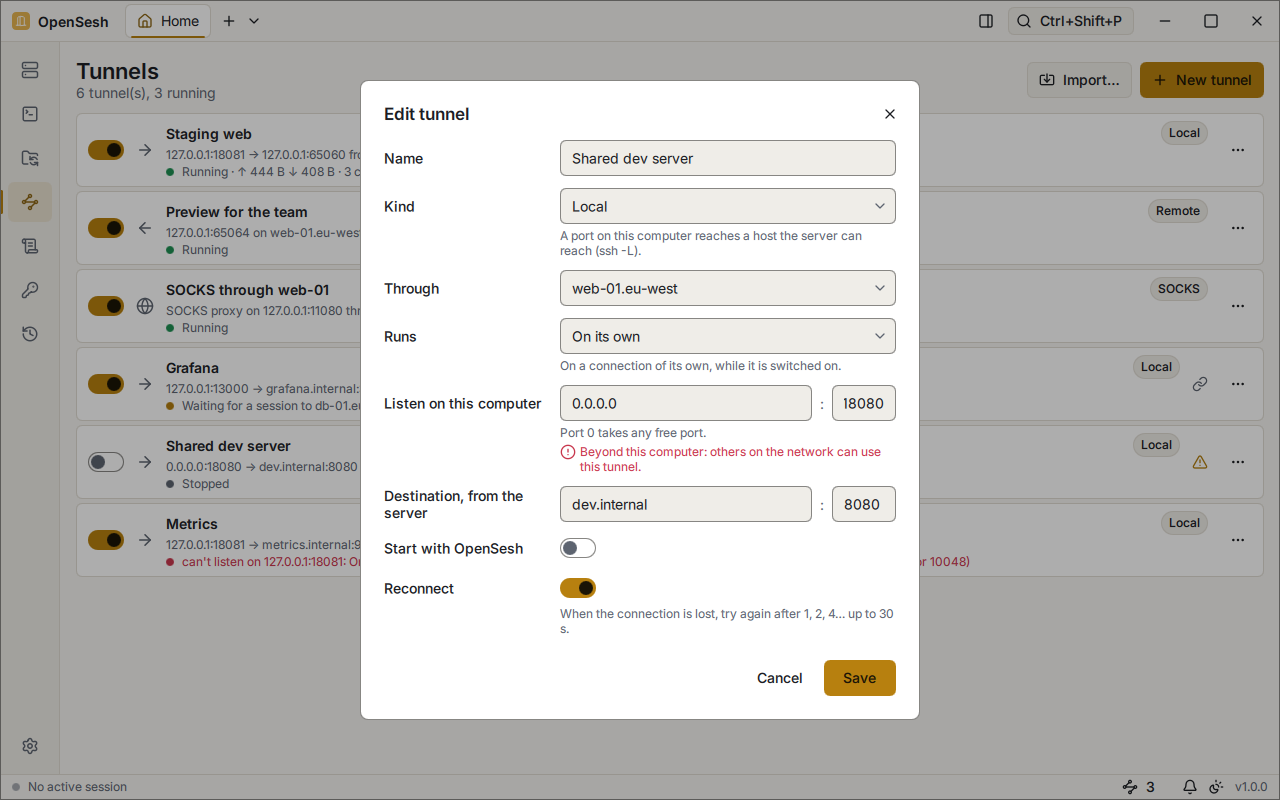 The Edit tunnel dialog for a local tunnel through web-01.eu-west that listens on 0.0.0.0, port 18080. A red note under the address warns that others on the network can use this tunnel.