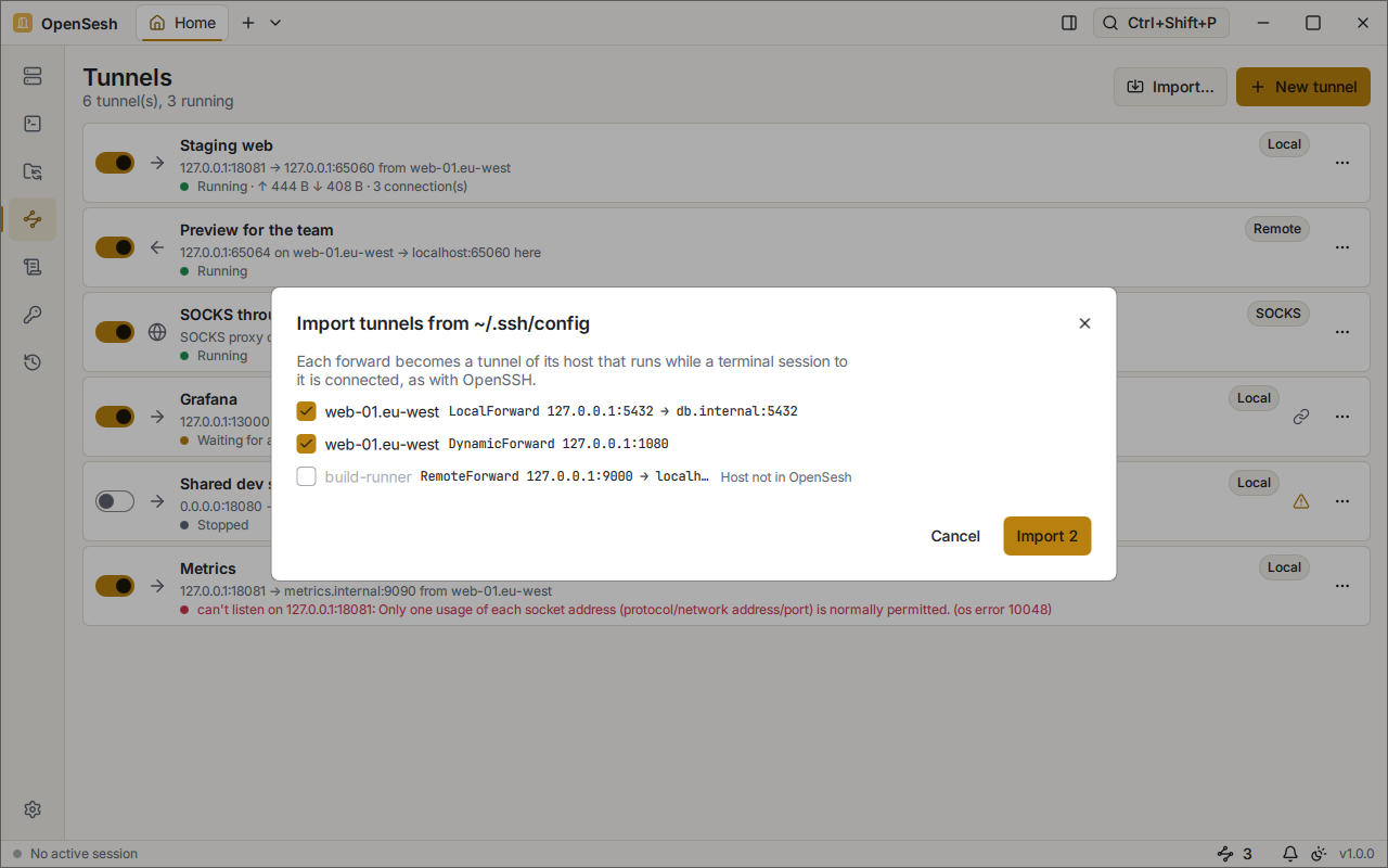 The Import tunnels from ~/.ssh/config dialog: a LocalForward and a DynamicForward of web-01.eu-west are selected. A RemoteForward of build-runner can't be imported because that host isn't in OpenSesh.